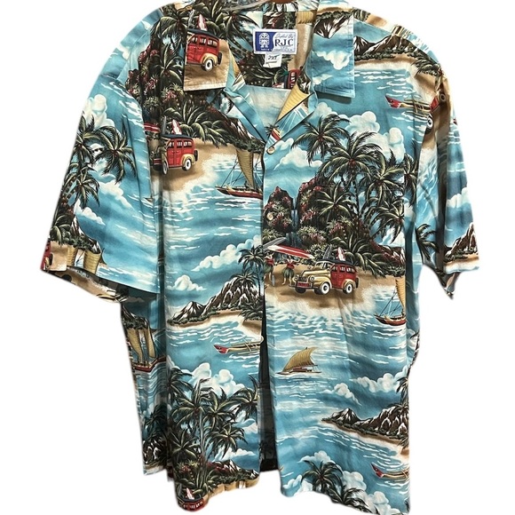 RJC Hawaiian Blue and Brown Casual Hawaiian Button Down Shirt with Relaxed Fit - Picture 1 of 3